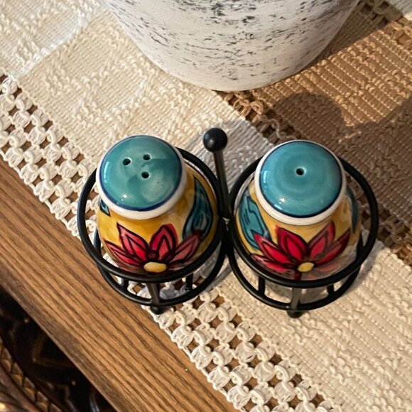 DONATED Boho Fun Vibrant Colorful Salt & Pepper Set Stand Holder - Picture 5 of 6